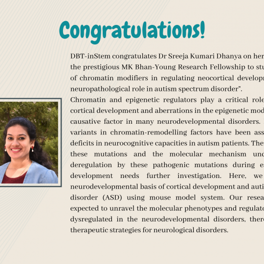 Poster congratulating Dr Sreeja Kumari Dhanya along with her picture and abstract