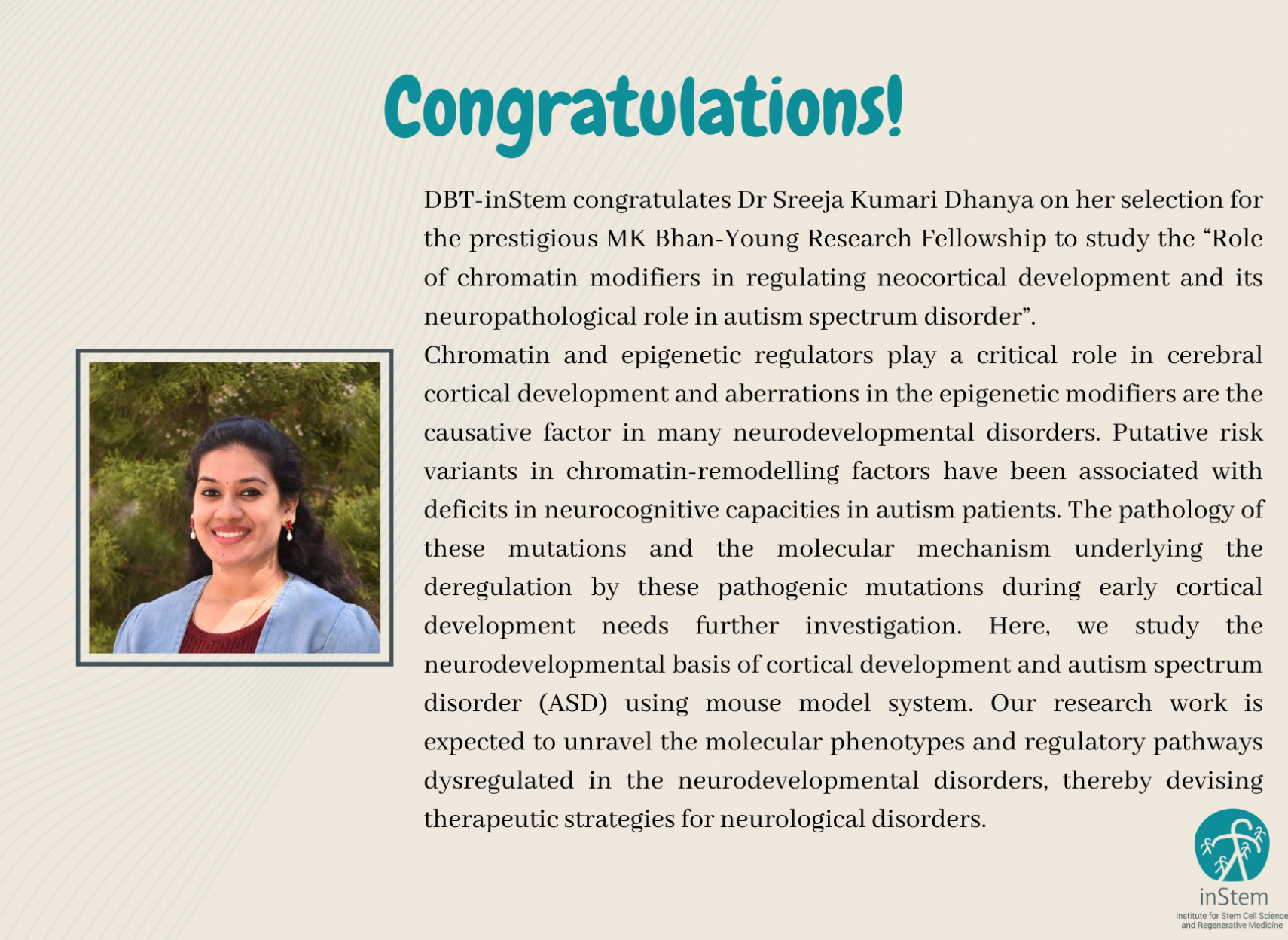 Poster congratulating Dr Sreeja Kumari Dhanya along with her picture and abstract